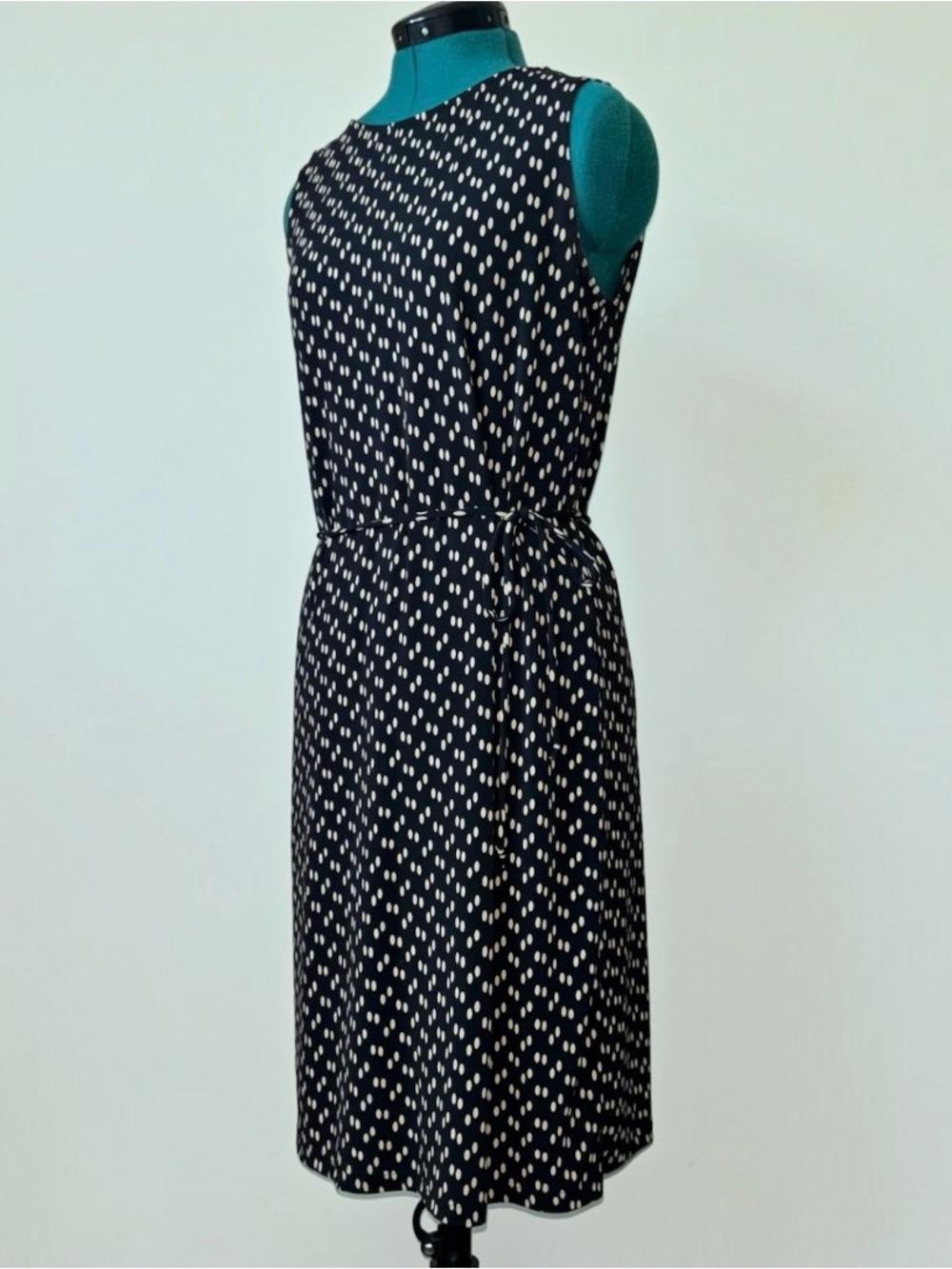 Vintage Merona Black & Cream Abstract Dot Belted Midi Dress w/ Tie Waist Size L